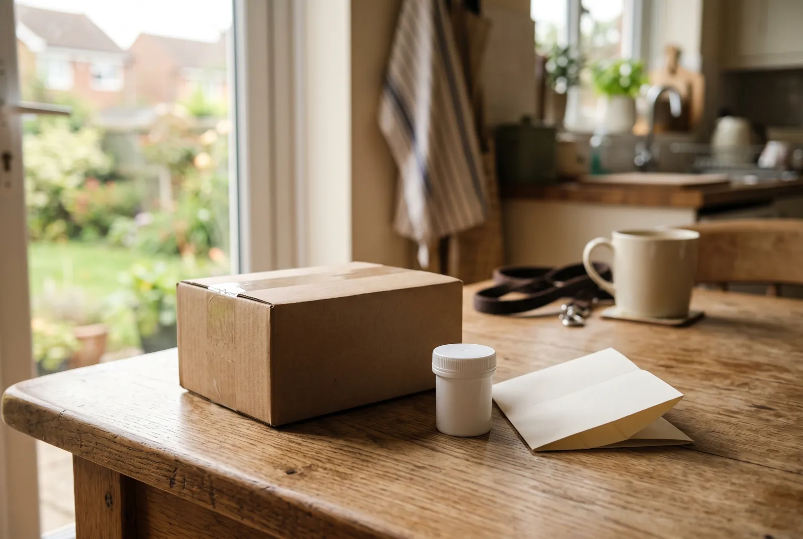 A Worm Check kit: a small postal box and a sample pot